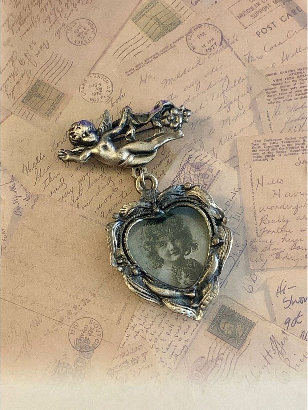 Vintage Cherub & Heart Locket Photo Charm Dangle Brooch Pin